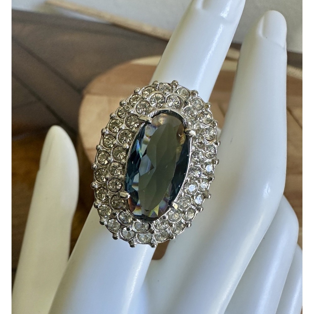 Vintage Statement Cocktail Ring Size 6 Blue Clear‎ Rhinestone Tiered 18KTH